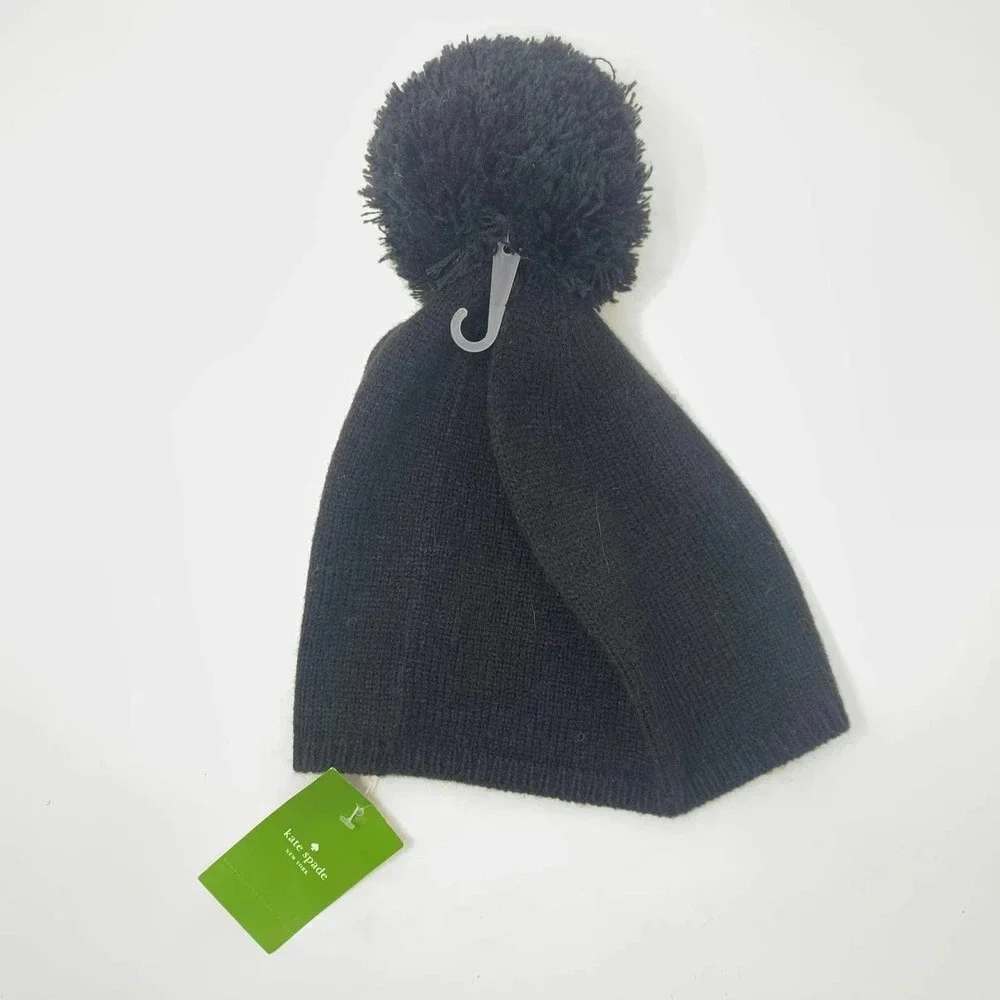 Kate Spade Pom‎ Pom Black Taxi Beanie Hat